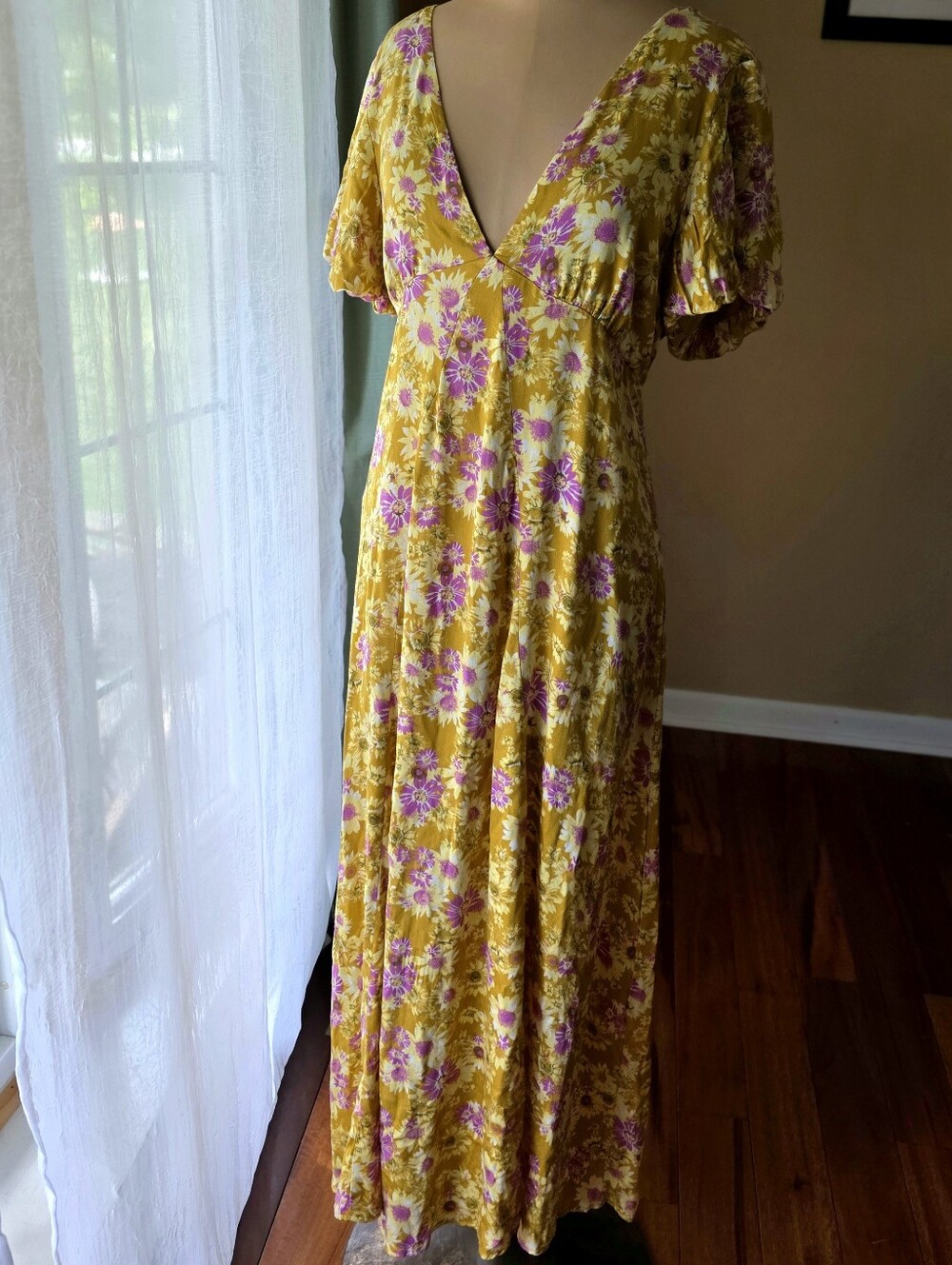 Rewind Floral Rayon Maxi Dress Large Yellow Pink Strappy Back Boho Flutter Sleev